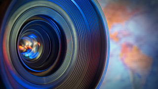 Camera lens world map blue - anamorphic free wallpaper