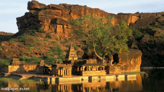 Lake rock formation tree mountain - beautiful scenery free wallpaper