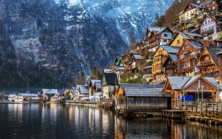 Village mountain lake snowy peaks - a mountain side free wallpaper