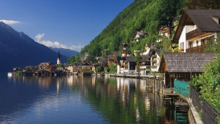 Lake houses mountains blue sky - house free wallpaper