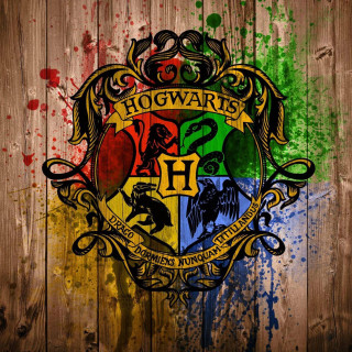 Hogwarts crest painted wooden wall - paint splatter free wallpaper