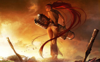 Woman red hair sword desert - league of legends concept art free wallpaper