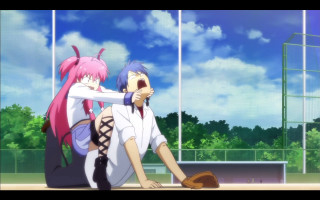 Anime couple sitting baseball field - a baseball free wallpaper