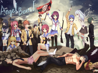 Anime characters group posing flagpole - a picture together free wallpaper