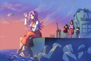 Girl sitting on ledge people - the sky above her free wallpaper