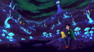 Man dog rock night sky - mushroom free wallpaper