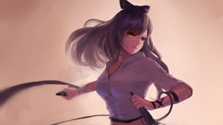 Woman cat ears purple shirt - half body free wallpaper