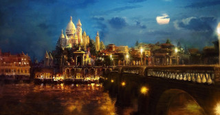 City night painting bridge buildings 2 - a bridge and buildings free wallpaper