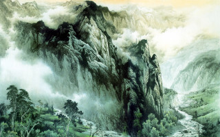 Mountain river clouds trees landscape - a painting of a mountain free wallpaper