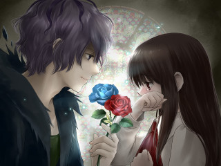 Romantic anime girls holding roses - a couple of people free wallpaper for desktop