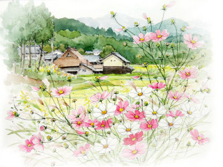 Field flowers houses watercolor country - sōsaku hanga free wallpaper