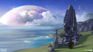 Sci fi moon ocean aurora - fi scene free wallpaper