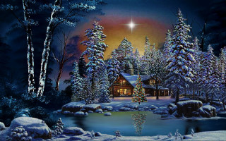 Cabin woods night star pond - a painting of a cabin free wallpaper