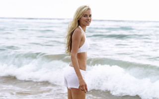 Woman white bikini beach ocean 2 - a surfboard free wallpaper