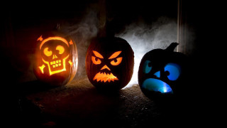 Three carved pumpkins glowing faces - a skull free wallpaper