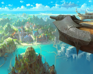 Futuristic city boat water buildings - a boat floating free wallpaper