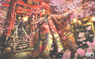 Woman kimono red building staircase - a red building free wallpaper