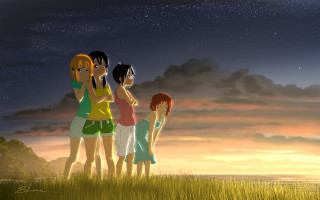 Girls greenfield night stars aurora - a lush green field under a cloudy sky free wallpaper