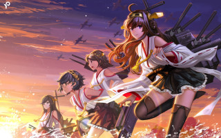 Anime girls water guns sunset - the water free wallpaper