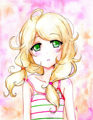 Girl long blonde hair green - watercolor free wallpaper