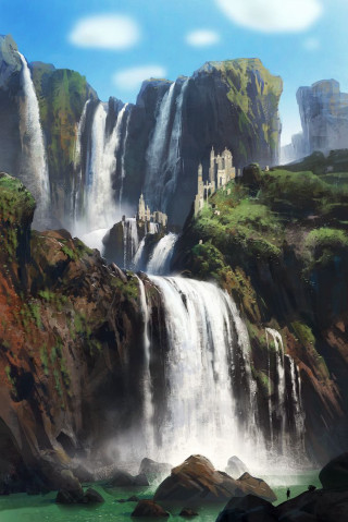 Waterfall castle man standing side - a detailed matte painting free wallpaper