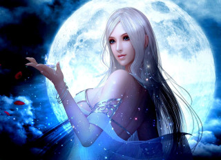 Blue dress woman red ball - full moon free wallpaper