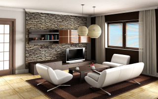 Living room tv white chairs 2 - modern european ink painting free wallpaper