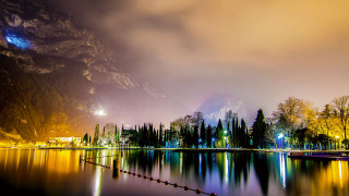Lake mountain night lights reflection - beautiful landscape free wallpaper