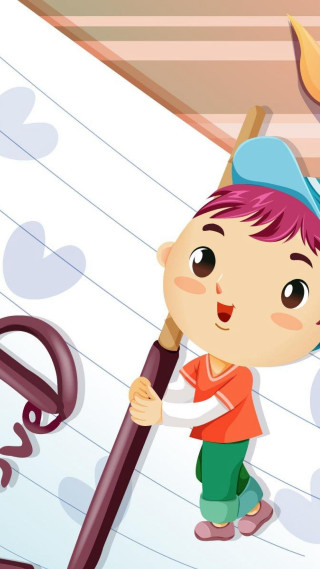Young boy giant pencil question - storybook illustration free wallpaper