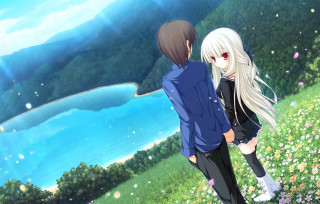 Anime girls field flowers lake - a field of flowers free wallpaper