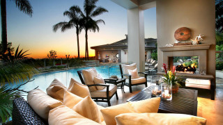 Living room fireplace pool sunset - palm tree free wallpaper