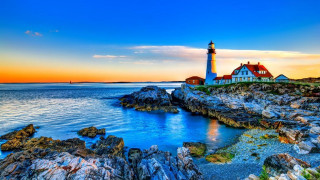 Lighthouse rocky shore sunset background - a rocky shore free wallpaper