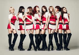 Girls short skirts boots posing - a picture together free wallpaper