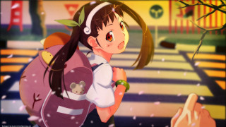 Girl backpack teddy bear walking 2 - graffiti free wallpaper