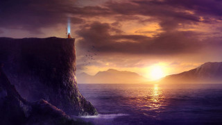 Lighthouse cliff ocean sunset birds - christophe vacher free wallpaper