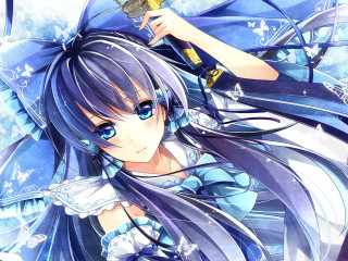 Anime girl wine sword blue - long hair holding free wallpaper