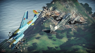 Fighter jets hillside ocean sunny - f 8 aperture free wallpaper