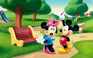 Mickey minnie mouse park bench 3 - a pointillism painting free wallpaper