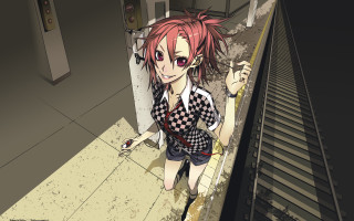 Girl pink hair checkered shirt - a sidewalk free wallpaper
