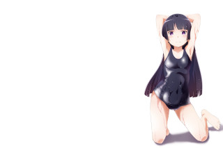 Black dress woman kneeling barefoot - her hand behind her head free wallpaper