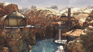Futuristic mountain landscape river tower - craig mullins free wallpaper