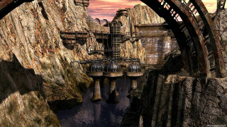 Sci fi city mountain landscape - neoprimitivism free wallpaper
