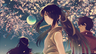 Anime girls tree pink flowers 2 - full free wallpaper