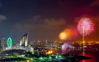 Fireworks city night lights water - building free wallpaper