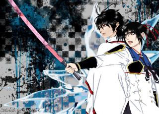 Anime characters swords pose blue 2 - square free wallpaper