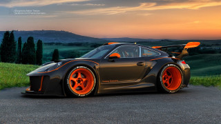 Car parked sunset hill trees - matte finish free wallpaper