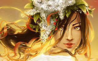 Woman flower crown yellow background - a red ribbon free wallpaper