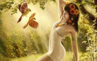 Woman white dress forest bird 2 - digital painting free wallpaper