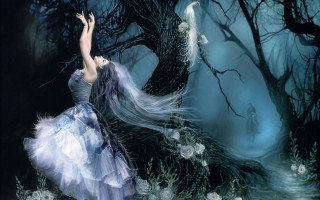 Woman blue dress forest white - dark fantasy art free wallpaper