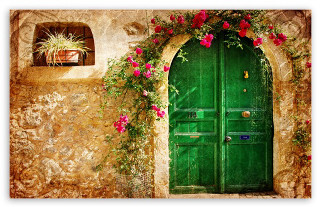 Green door flowered vine window - a green door free wallpaper